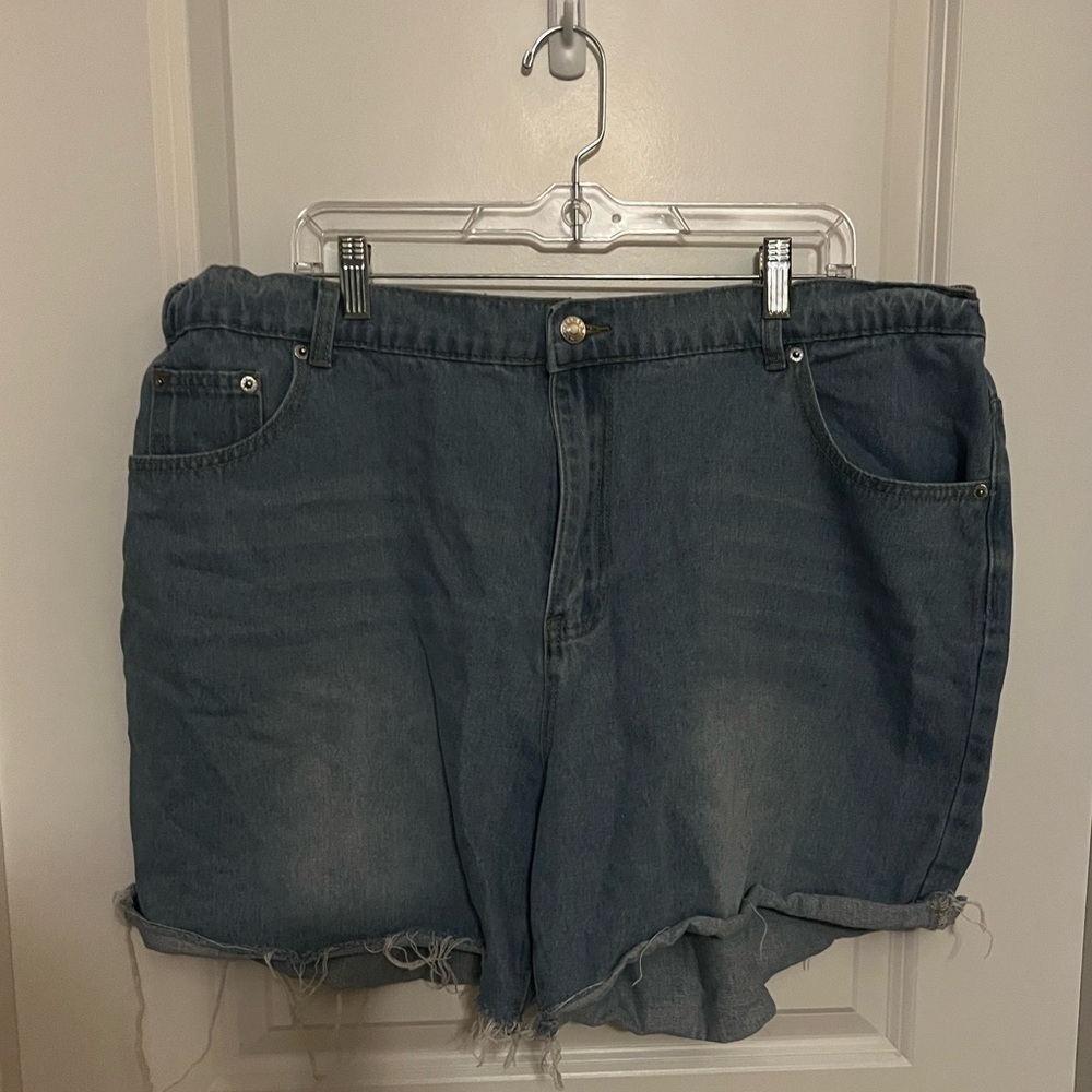 SHEIN Blue Jean Shorts with Frayed Hem and Stretch Waist